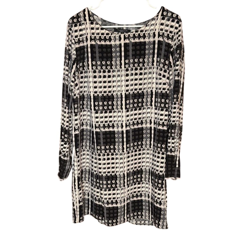 Thakoon for DesigNation Black Ivory Geometric Print Sheer Tunic Dress L
